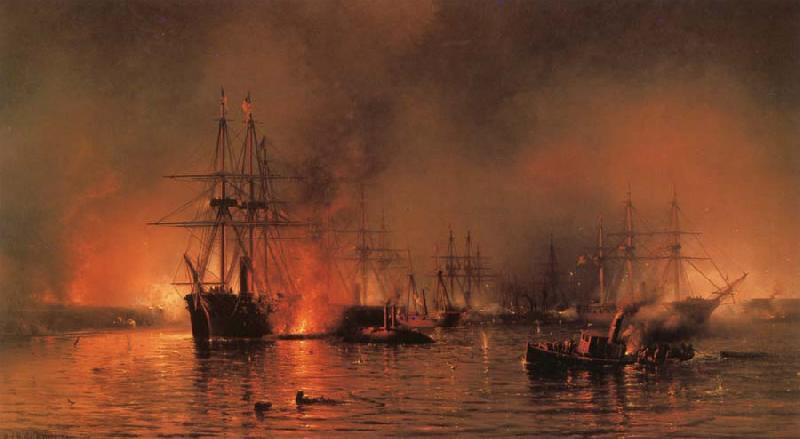 Mauritz F H Haas The Battle of New Orleans-Farragut-s Fleet Passing the Forts Below New Orleans oil painting image